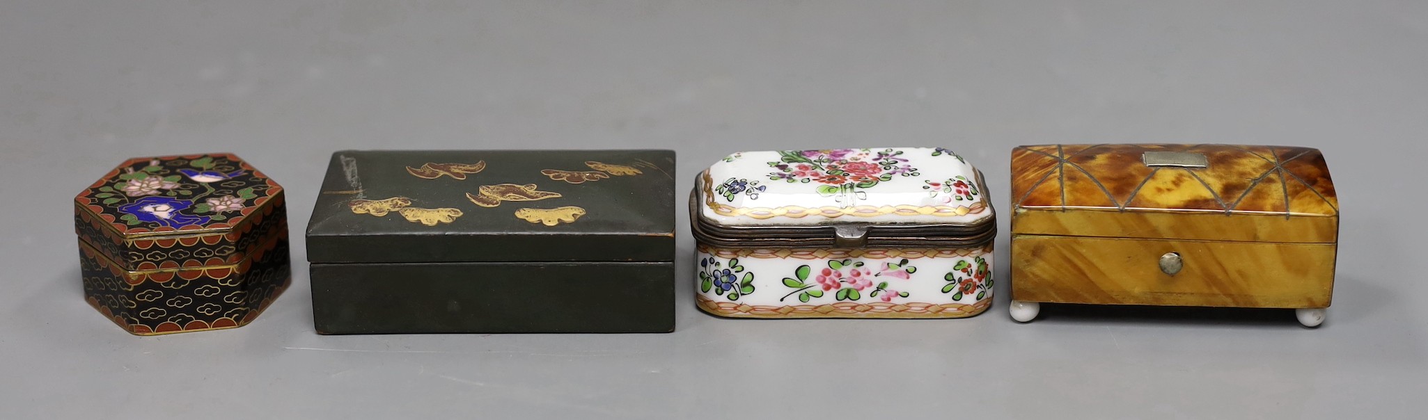 A Victorian tortoiseshell snuff box, porcelain box, enamel box and green lacquer box, largest lacquer box: 8cms high